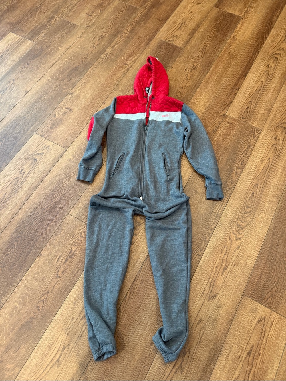 Women’s Crosshatch Black label Gray and Red Hooded One-Piece Jumpsuit